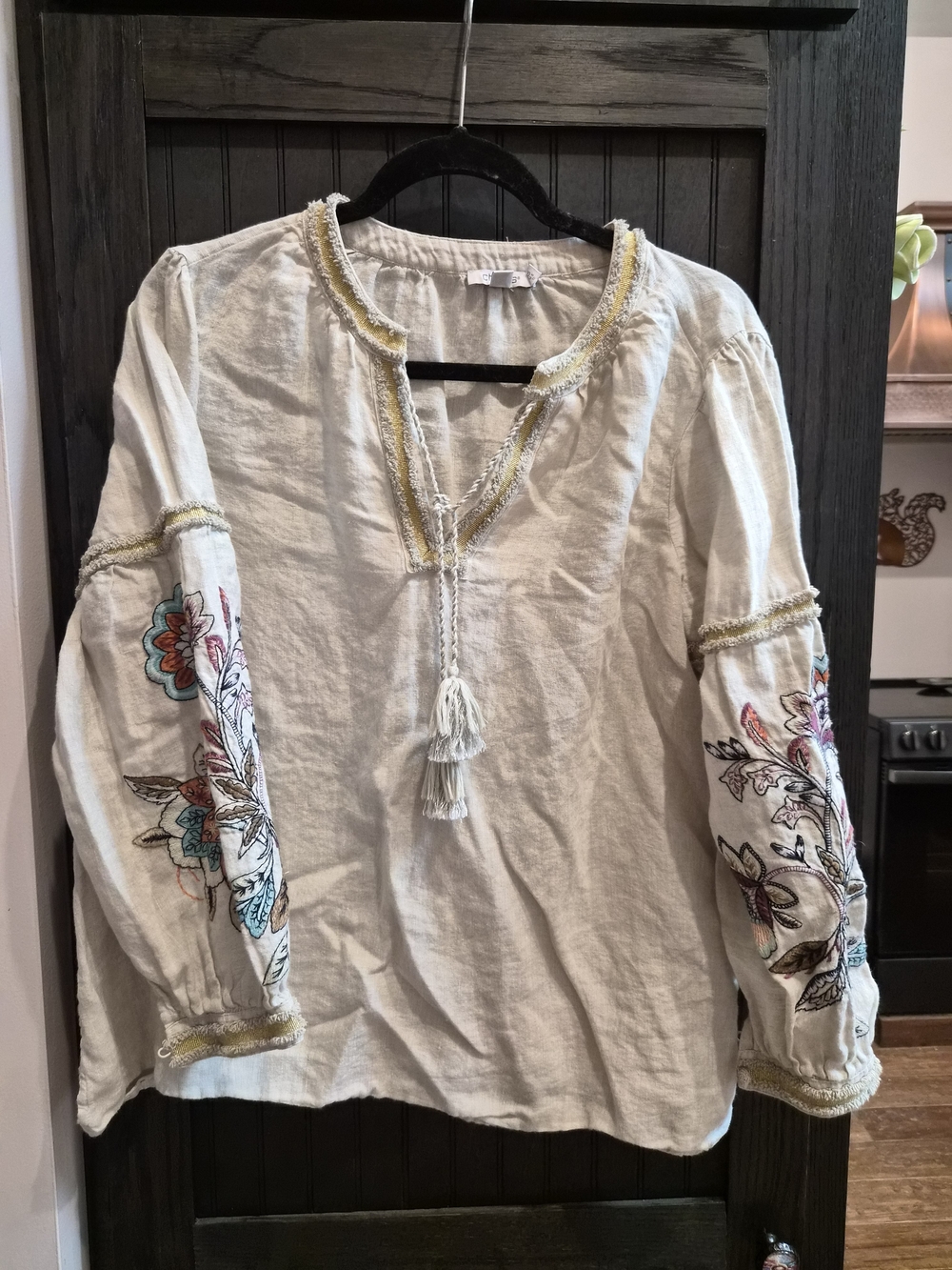 Chico's Cream Embroidered Peasant Tunic with Tassel Tie